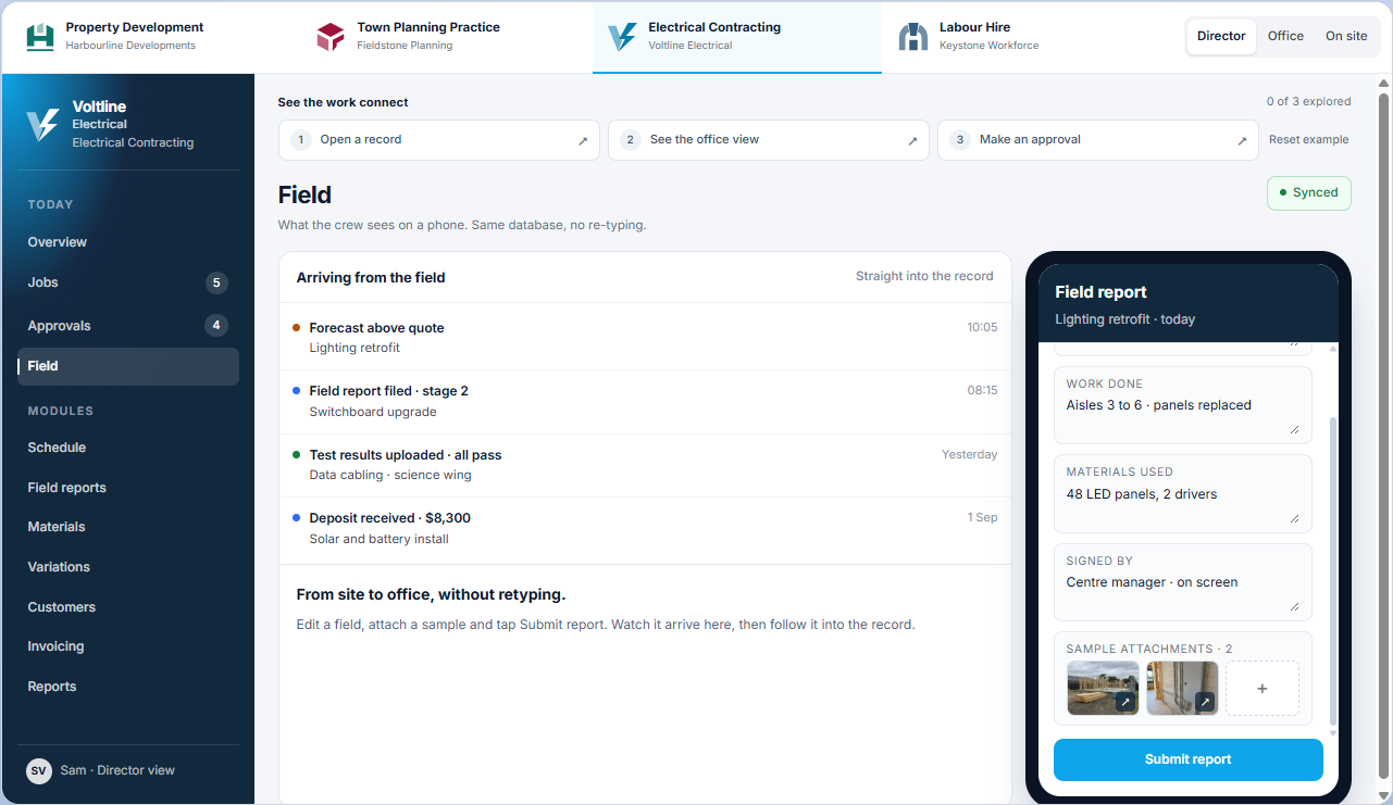 Current electrical example: a field report with sample photos beside the office activity feed.